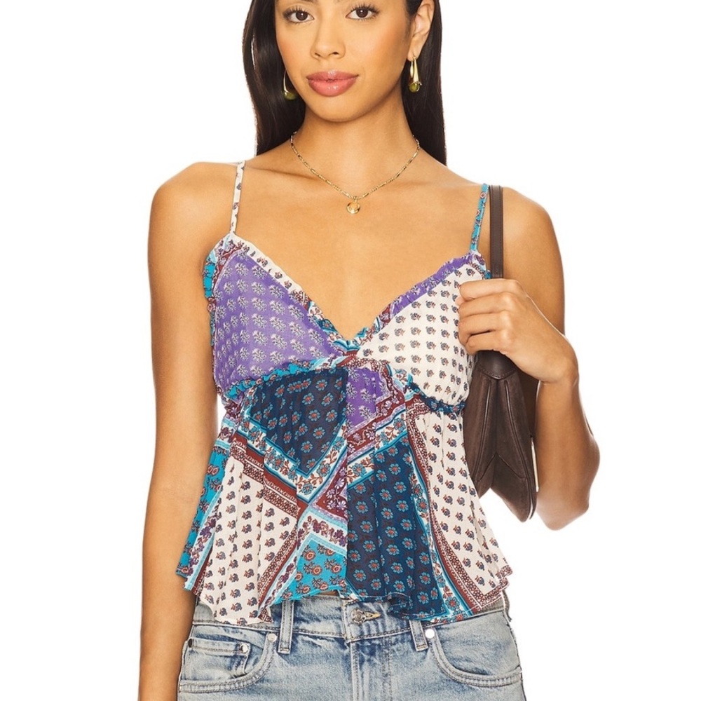Free People Blue Teal Patchwork Spaghetti Strap Tank NWT